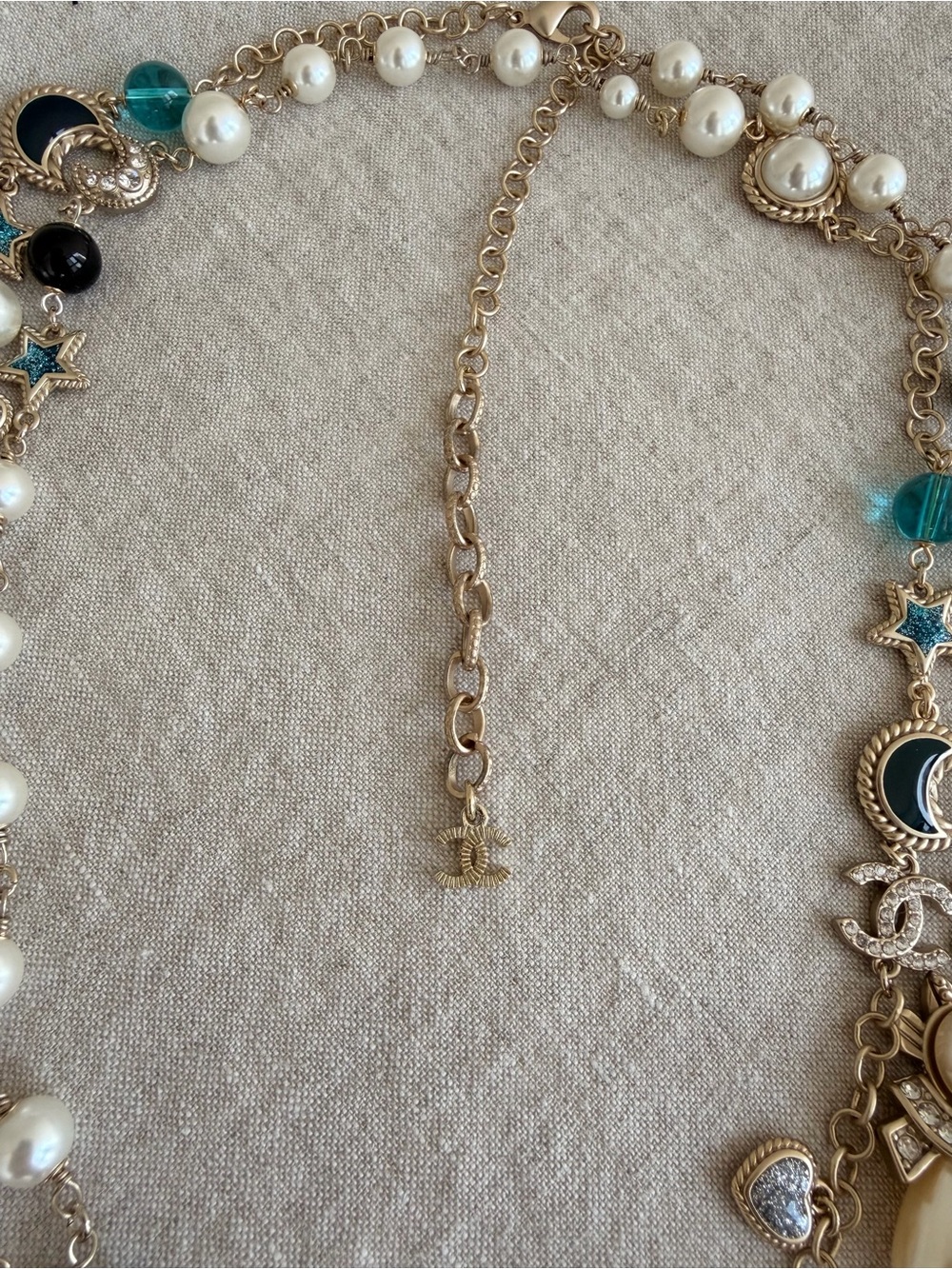 💙CHANEL Gold-Tone Multi-Strand Pearl Necklace with Blue Stars & Black Beads✨ - Picture 8 of 11
